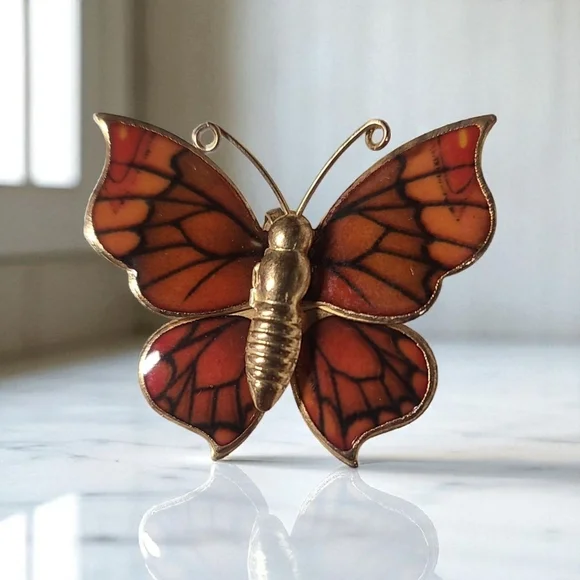 Vintage gold tone enamel orange black butterfly brooch pin / necklace pe… - Picture 17 of 17